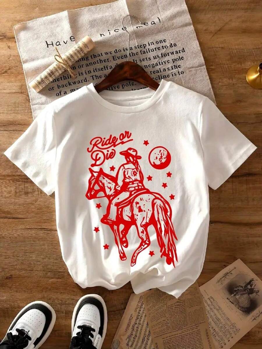 Camiseta de algodón con estampado RODEO vaquera die casual de moda para mujer - Blanco - Ver 1