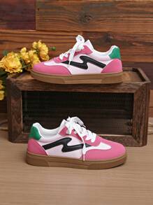 Women's Round Toe Lace-Up Classic Pink Chunky Sole Casual Sneakers, 2025 New Arrivals Campus Style Sporty Cute Pink Trainers, Fashionable & Versatile Anti-Slip Student Skate Shoes For Gym, Outdoor