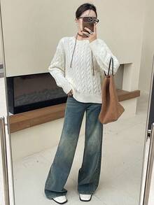 1pc Girls/Teens Casual Loose Comfortable Outdoor Thick Cable Knit Long Sleeve Sweater, Suitable For Autumn/Winter - trắng - Xem 5