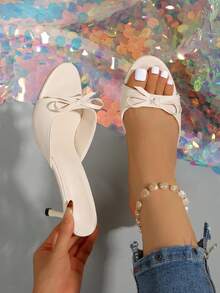 Beige Summer New Open Toe Bowknot Decor High Heel Sandals, Minimalist Fine High Heel Sandals Suitable For Women To Pair With Dresses, Valentine's Day