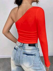 Women's Cropped Top T-Shirt Blouse With One-Shoulder Neckline Suplex Fabric Ideal For Going Out On Casual Romantic Elegant And Sophisticated Dates - 紅色 - 查看 2