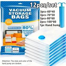 12pcs/Set PA+PE High Thickness Material Vacuum Storage Bags With Hand Pump, Independent Packaging Large Capacity Transparent Design, Space Saving And Sealing Items. Suitable For Clothes, Bedding, Dorm, Wardrobe, Moving Or Under Bed Use, Travel Essentials - Blue and White - View 5