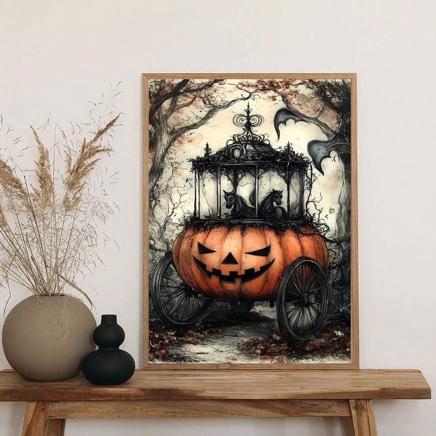 1 幅南瓜马车壁画万圣节印刷帆布画秋季海报怪异哥特式装饰卧室客厅办公室房间装饰无框 - 彩色 - 查看 1