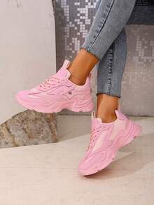 女式学生运动风格系带字母装饰网眼运动鞋，户外透气百搭厚底运动休闲跑步鞋，厚底厚底运动鞋