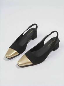 Elegantes tacones altos de punta cuadrada, sandalias de empeine francés para mujer, zapatos de vestir con tacón grueso nueva temporada de primavera - Negro - Ver 1