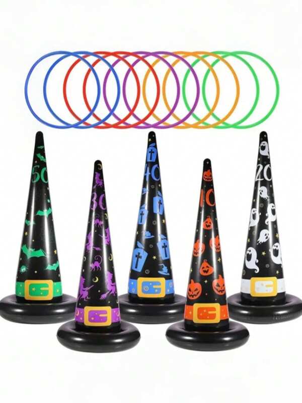Set de 5 piezas - Juego de lanzamiento de anillos con accesorios inflables de Halloween, 1 sombrero + 4 anillos, juegos de fiesta y eventos - Accesorios de fiesta para interiores y exteriores con murciélago, calabaza y varios patrones, Juego de lanzamiento de anillos festivo de Halloween con sombreros de bruja inflables - Perfecto para fiestas en interiores y exteriores, Juguetes de juego de lanzamiento de anillos inflables, Ideal para juegos de fiesta familiares, regalos de fiesta y reunión, Juegos de fiesta de Halloween, Halloween
