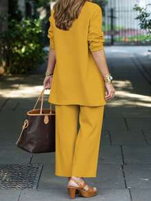 Conjunto informal de 3 piezas para mujer: chaqueta de cárdigan simple, top de tirantes cuello redondo y pantalones de cintura elástica con corte holgado, apto para primavera, otoño e invierno en la oficina o para el día a día