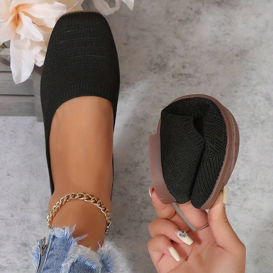 Women'S Black Woven Fabric Slip-On Flats - Casual Square Toe Shoes For Indoor & Outdoor Wear, All-Season Comfort With Rubber Sole, Breathable & Stylish Design - 黑色 - 查看 1