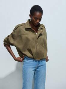 Women's Solid Color Minimalist Suede Texture Collar Flight Jacket - Army Green - View 4