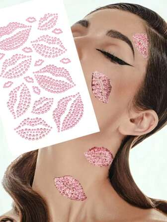 1pc Realistic Pink Lip Rhinestone Temporary Tattoo Sticker, Gift For Women And Girls, Body Jewelry Rhinestone Sticker, Valentine's Day Rhinestone Sticker