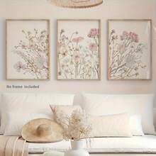 Bộ 3 tranh canvas in họa tiết hoa tối giản màu hồng, phong cách Bắc Âu Bohemian, thích hợp trang trí phòng khách, phòng ngủ, văn phòng, hành lang. - Hồng - Xem 1