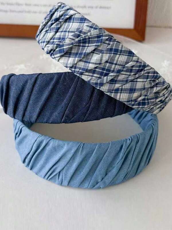 1 pieza Diadema ancha de tela de mezclilla y cuadros estilo vintage con diseño plisado para mujer