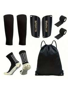 5-Piece Soccer Sports Gear Set With Silicone Grip Football Socks, Shin Guards, Protective Gear, Drawstring Backpack And Sports Tapes - Polyester And Elastane Knitted Tube Socks Solid Color Hand And Machine Washable - Multicolor - View 2