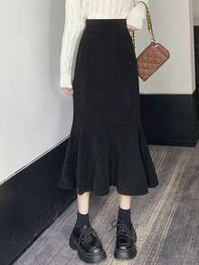 显瘦百搭黑色中长款修身鱼尾裙