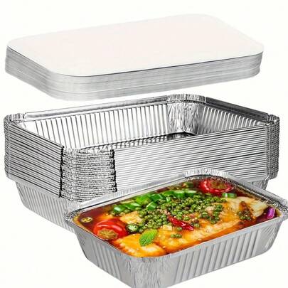 10个带盖加厚铝箔烤盘，可重复使用且易于清洁，适用于烤箱、烘焙、烧烤、食物运输，带盖设计，可重复使用厨具，铝箔托盘，烤火鸡，烤牛排，午餐盒，储物盒，节日派对餐盒，圣诞晚餐盒，户外烧烤用具，烹饪展示盘，自助餐盘，一次性烧烤托盘