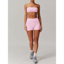 Conjunto de top tubo corto y pantalones cortos de cintura alta, de un solo color, conjunto casual cómodo y transpirable de dos piezas para yoga, gimnasio, correr, actividades al aire libre, deportivo, conjunto de ropa deportiva para mujeres y hombres jóvenes - [Rosa] - Ver 1