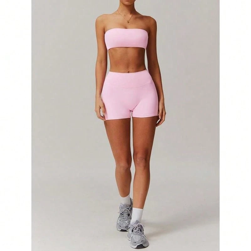Conjunto de top tubo corto y pantalones cortos de cintura alta, de un solo color, conjunto casual cómodo y transpirable de dos piezas para yoga, gimnasio, correr, actividades al aire libre, deportivo, conjunto de ropa deportiva para mujeres y hombres jóvenes - [Rosa] - Ver 1