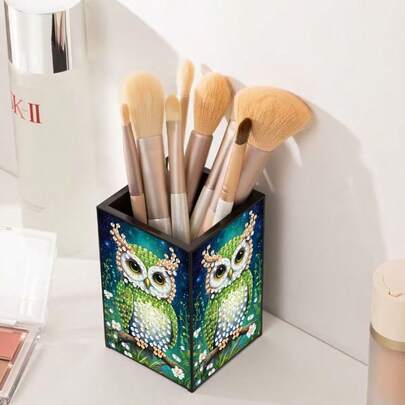 1pc 4-Sided Diamond Painting Kit With Owl Design, Asymmetrical Diamond Mosaic Art, Acrylic Pen Holder Storage Box, Ideal For Home, Office, School Supplies, Handmade Crafts, Cute Office Supplies, Christmas/Holiday Gift
