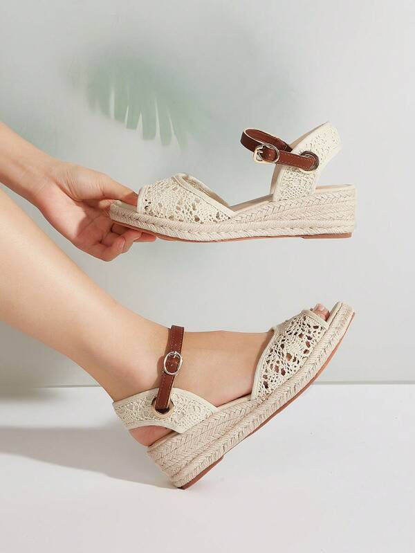 New Straw Woven Bottom Women's Wedge Sandals, Soft Hollow Lace Peep Toe Slip-On Casual Comfort Vacation Shoes With Anti-Slip Soles, Suitable For All Seasons