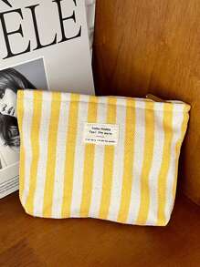 1 bolsa de maquillaje vertical de rayas frescas, bolsa de maquillaje minimalista de gran capacidad para llevar en la mano, bolsa de lona con cremallera y letras, bolsa de almacenamiento de maquillaje portátil, adecuada para viajes y uso diario