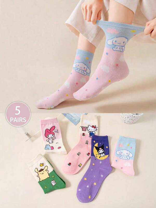 Sanrio 5 Pairs Sanrio Cute Candy-Colored Cartoon Kitty Mid-Calf Socks, Versatile & Casual