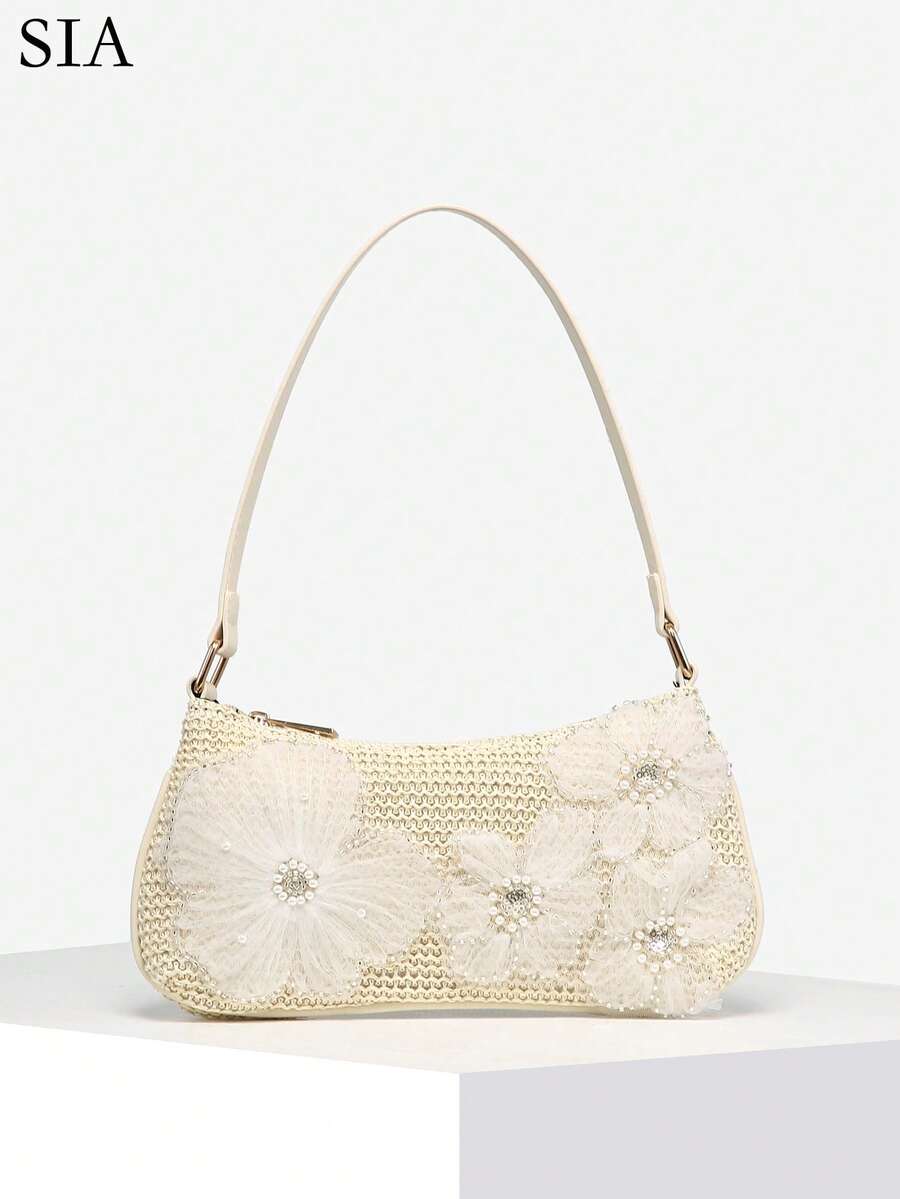 1 件女士复古度假草编贝壳珍珠樱花串珠吊坠斜挎包，适合约会、郊游、度假 - 米色 - 查看 1