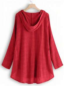 Plus Size Plaid Print Decorative Button Drawstring Hooded High-Low Hem Lightweight Top Spring Red - Red - View 2