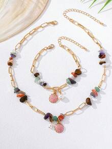 2 件/套秋冬仿珍珠手工天然石项链手链套装，具有不对称形状和碎石，配有搭扣，适合女性日常佩戴