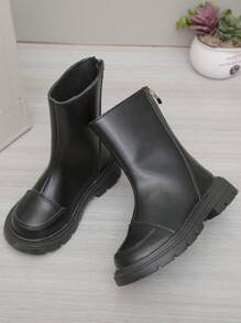 1 pereche de cizme simple până la jumătatea gambei pentru fete, piele PU moale de culoare uni, vârf rotund cu talpă groasă și fermoar antiderapant, cizme de cavaler casual la modă pentru purtare de zi cu zi, nou-venită toamnă/iarnă
