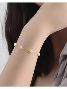 1 Pulsera de cobre con cadena y perlas, pulsera multicapa que se puede usar como tobillera, estilo femenino, pulsera de perlas multifuncional única y elegante, joyería para parejas
