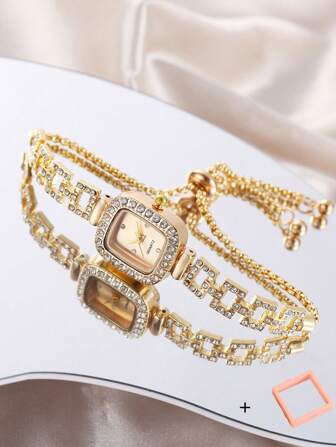 1 st Elegant casual fyrkantigt fodral för kvinnor, guldfärgad urtavla med kristallaccent, fyrkantigt infällt justerbart armband kvartsklocka, hiphop-stil