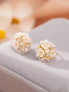 1 Pair Fashionable & Elegant Flower Ball Encrusted Zirconia Stone Earrings For Women, Suitable For Daily Wear, Party, Banquet - Multicolor - View 5