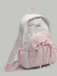 Mochila de estilo coreano para la escuela con patrón de lunares y lazo, para niña. Mochila femenina de color rosa suave, adecuada para la escuela secundaria y la universidad. Bolsa de viaje portátil.