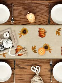 1pc/10pcs Autumn Pumpkin Sunflower Pattern Table Runner, Thanksgiving Day Table Runner, Harvest Festival Decor, Farmhouse Style, Linen-Like Material, 33*91CM/33*183CM/33*274CM, 3 Size Options, Indoor Outdoor Party Decor, Pumpkin Themed Decoration, Kitchen Table Decor