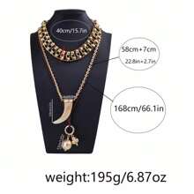 Vintage Double-Layer Chain Rope Charm Wolf Tooth Multiple Pendant Necklace For Women Boho Fashion Neck Accessories