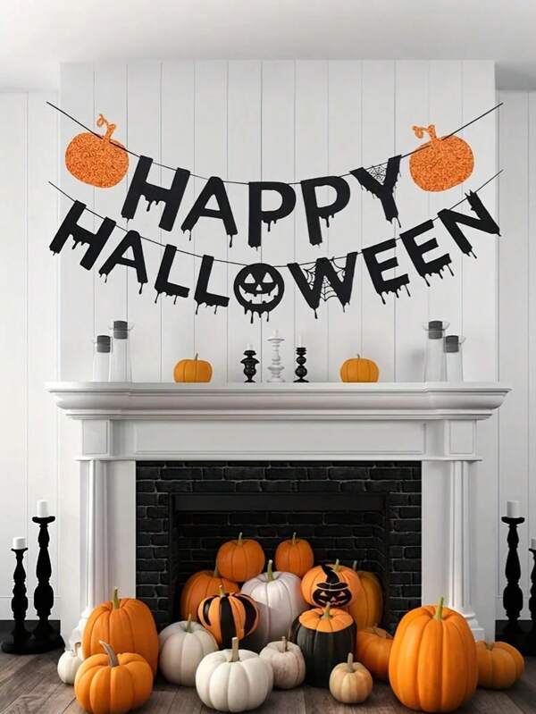 1 set - Bannière Halloween Joyeux, Bannière de fanions Halloween, Bannière de citrouille Halloween, Décoration Halloween pour cheminée, mur, fête, maisons hantées, décoration intérieure de cheminée