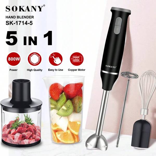 SOKANY SOKANY Batidora eléctrica intrusiva 5 en 1, 800W de alta potencia, regulación de velocidad de 2 velocidades, base desmontable. Incluye un batidor, una varilla para batir, un recipiente de molinillo de carne, un espumador de leche y una taza de molienda. Adecuado para batir huevos, revolver carne, hacer alimentos complementarios y hacer zumos. Un batidor muy adecuado para familias y hoteles, y un complemento de alimentos de frutas.