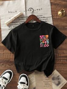 1pc Tween Girl Casual Printed Crewneck Pullover Short Sleeve T-Shirt, Summer, Student Youth Clothing - Black - View 2