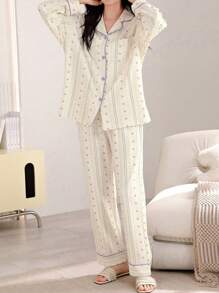 AICJ 2pcs Casual Loose Striped Print Long Sleeve Top And Pants Sleepwear Homewear Loungewear Set, Spring/Fall/Winter,Two Pieces Set