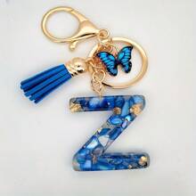 1pc Blue Alphabet Initial Letter Keychain Cute Butterfly Resin Key Chain Ring Bag Backpack Charm Car Key Pendant Women Daily Use Gift