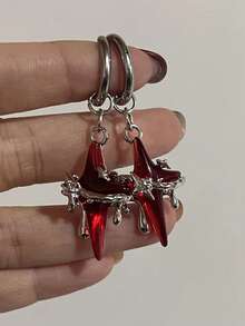 1 Pair Gothic Style Red Star Chain Cross Earrings, Red Crystal Spider Earrings, Punk Style Heart Cross Earrings, Fashionable Korean Design - Multicolor - View 3