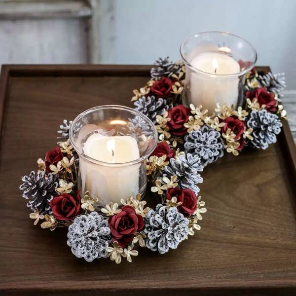 1/2pcs Christmas Decor - Farmhouse Candle Holders, Scented Pinecone Wreath & Rustic Ornaments, Cozy Tabletop Centerpiece For Fireplace Mantel & Holiday Dining(No Candles)