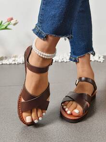 Dép đế bằng thời trang cỡ lớn mới mùa hè 2024 cho nữ, Dép đế bằng kiểu La Mã Hàn Quốc, Giày đi biển, Dép đế bằng hở mũi buộc dây kiểu cổ điển thoải mái - Cà phê nâu - Xem 3