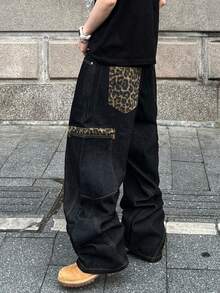 1 chiếc quần jeans ống rộng dáng suông thời trang họa tiết da báo dành cho nam, phong cách đường phố (không bao gồm thắt lưng và phụ kiện) - màu đen - Xem 3