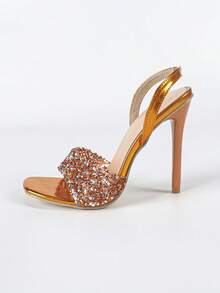 女士时尚优雅橙色水钻装饰踝带超高跟凉鞋，11.5 厘米性感迷人派对选美方头细高跟鞋