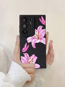 1pc INS Style Pink Floral Lily Flower & Butterfly Pattern Black Soft Anti-Slip Phone Case, Compatible With IPhone Case & Galaxy Case, Fits IPhone 13, 15, 16 Pro Max, IPhone 16, IPhone 14, IPhone 16 Plus, Galaxy Cases - Multicolor - View 7