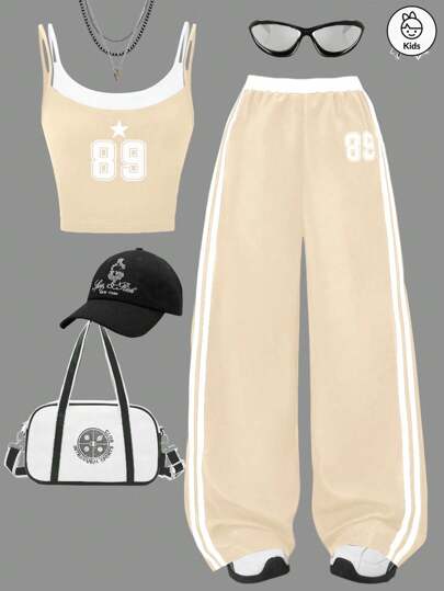 Girls' Fashion Casual Fashion New 2 Pieces Vest Set, Digital Print, Tank Top Paired With Side Pants With White Striped Long Pants, Suitable For Summer Outdoor Wear, Daily Gatherings, Travel, Etc