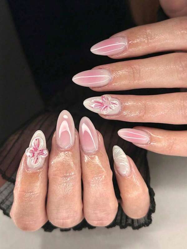 Set van 30 stuks/set korte amandelnagels, eenvoudige pure lust, gradiënt 3D-bloem, modieuze nagel, tedere, zoete niche, nagelpatch, volledige dekking, nepnagelkunst, druk op nagelbenodigdheden voor meisjes/dames, evenementen, feesten, enz. Decoratief gebruik + 1 stuk gelei-gel + 1 stuk nagelvijl. Versier je nagels.
