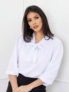 blusa feminina elegante gola laço manga 3/4 tecido duna - Branco - Visão 3