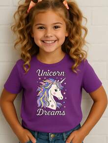T-Shirt Blouse T-Shirt Unicorn Dreams Children's Girls 100% Cotton Drawings, School, Walk And Day To Day, Short Sleeve, Spring Summer / Pre-Teens - 紫色 - 查看 2